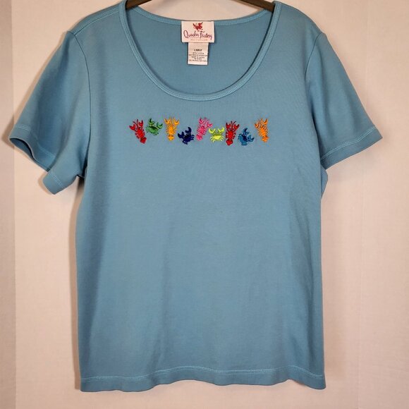 Quacker Factory Tops - Quacker Factory Women's Embellished Lobsters & Crabs Shirt Size Large Light Blue
